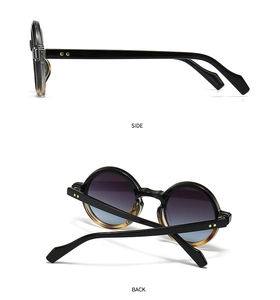 Detail view of round vintage sunglasses showing side and back angles with gradient lenses