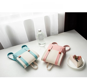 Close-up view of stylish mini square backpacks in pastel blue and pink for women's daily use
