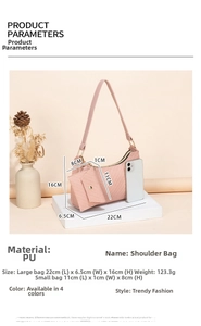 Pink PU leather crescent shoulder bag set showing dimensions 22x16cm with small coin purse