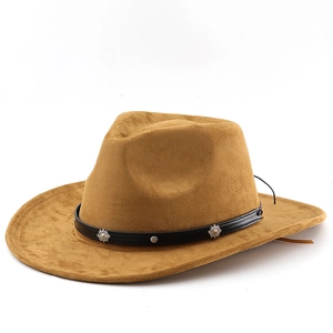 Brown faux suede western cowboy hat featuring black leather band with silver eyelet studs