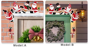 Detail of wooden Santa and snowman corner door frame decorations in Model A and B styles