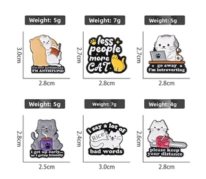 Set of six funny cat enamel pins featuring humorous designs and varied dimensions