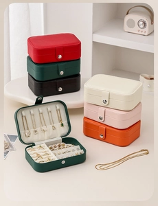 Double-layer PU leather jewelry box showing six color options and internal compartments