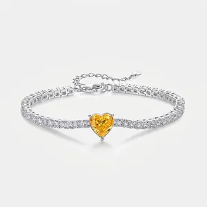 Bracciale Tennis in Argento Sterling S925 a Cuore Con Strass Gialli Catena Regolabile per Donna Elegante Gioielli alla Moda Regalo
