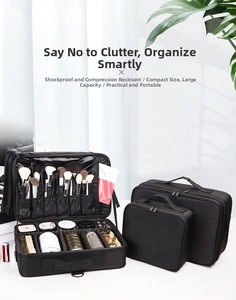 Detail of oxford fabric makeup bag with adjustable dividers and brush slots
