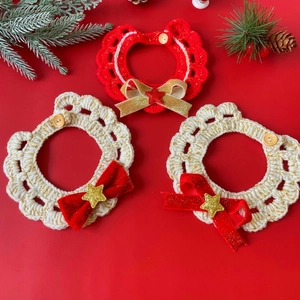 Christmas Pet Collar Hand Crocheted Knitted Bib With Bell Bowknot Adjustable Cat Dog Scarf Holiday Decoration Red Cream