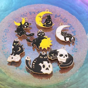 Halloween black cat enamel charms set featuring moon and skull motifs on cork base