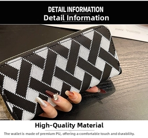 Detail shot of long zip-around wallet with black and white checkered pattern in premium PU