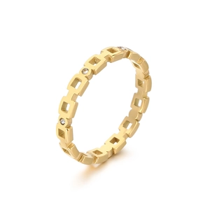 Minimalistischer vergoldeter Ring aus Edelstahl mit quadratischem Hohlmuster und Zirkonia