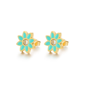 Boucles d'oreilles lotus vintage avec zircon et pétales en émail bleu sur acier doré