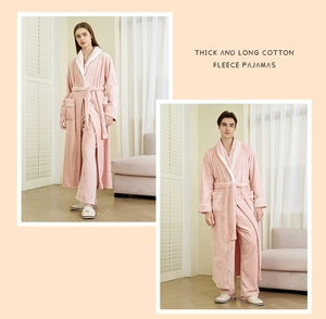 Detail of pink thick coral fleece pajama set with belted robe and matching pants