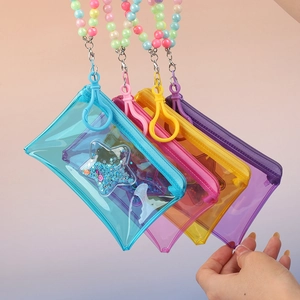 Porte-monnaie transparent en PVC avec paillettes d'étoiles et lanière en perles colorées