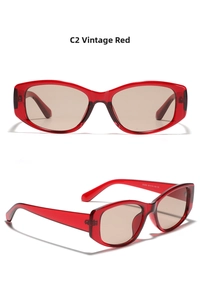 Detail view of retro red square sunglasses showing frame texture and specifications