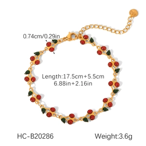 Detail view of 18K gold plated cherry bracelet showing exact dimensions and weight