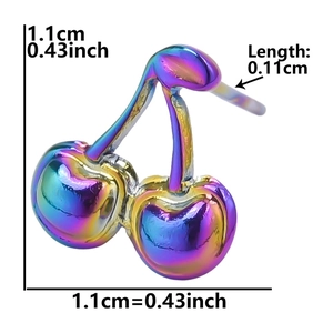 Macro di orecchini a ciliegia in acciaio 304 con finitura galvanica arcobaleno cangiante