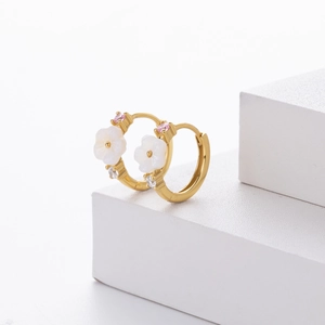 Elegant S925 silver gold floral hoop earrings with white petals and pink zircon