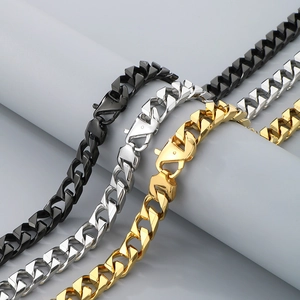 Polished stainless steel Cuban link necklaces in black, silver, and gold finish