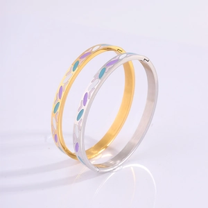 Titanium steel bangles with colorful enamel hearts in gold and silver finishes