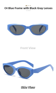 Detail of cat eye sunglasses with blue frames and dark grey lenses in dual views