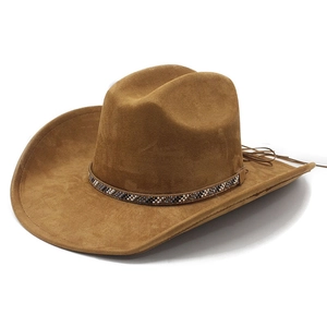 Brown suede western cowboy hat with ethnic beaded band and fringe details on white background
