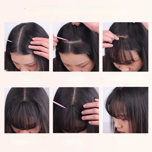 Instruction guide showing six steps for wearing black air bangs hair extensions