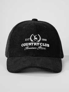 Close-up of EST 1991 elk embroidery on vintage black corduroy baseball cap