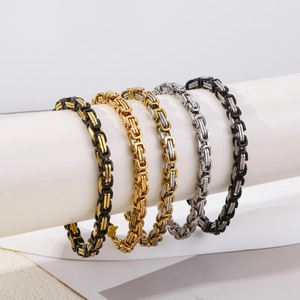 Five punk-style square Byzantine chain bracelets in gold, silver, and dual-tone finishes