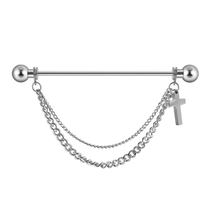 Industrial barbell earring with stainless steel cross pendant and double layer chains