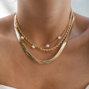 Three-layer 18k gold plated necklace set with freshwater pearls and snake chain