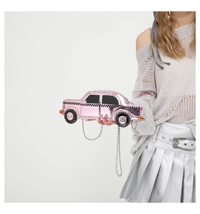 Pink car-shaped shoulder bag featuring racing flags and a silver metal bead chain strap