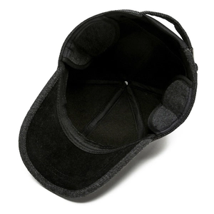 Winter wool baseball cap with ear flaps for men, interior view showing thermal lining