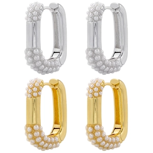 Minimalist U-shaped hoop earrings with inlaid pearls in gold and silver finish