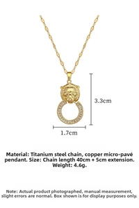Macro detail of lion head pendant with cubic zirconia ring on titanium steel chain