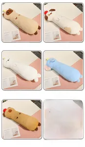Detail view of diverse soft long plush animal pillows featuring cute capybara and elephant