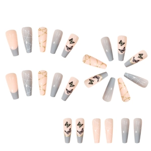 Detail view of 24pcs pink and grey gradient press-on nails with butterfly and gold line art