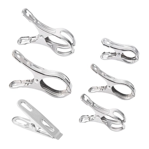 Set of stainless steel windproof clothes pegs in various sizes on a plain white background