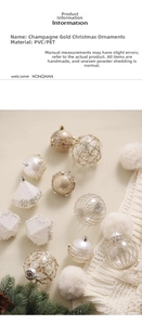 Detail of champagne and white Christmas ornaments with glitter and geometric textures