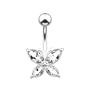 Silver butterfly belly button ring with sparkling clear zircon crystals on white background