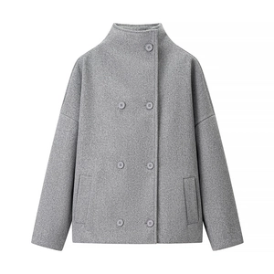 Women's chic grey double-breasted wool jacket with lapel collar and side pockets