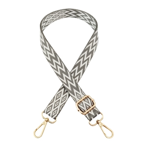 2.5cm grey and white embroidered adjustable bag strap with golden metal hardware