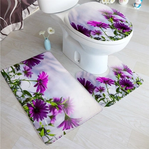 Three-piece bathroom mat set with purple gerbera floral print for toilet decor