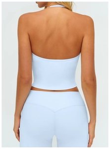Detailed back view of a light blue V-neck sports vest with racerback and high elasticity