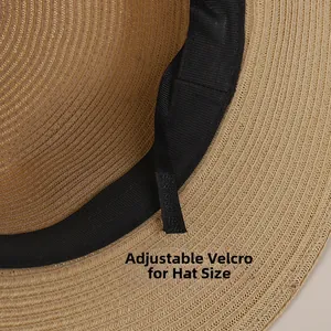 Detail of adjustable straw hat inner band with Velcro strap for customized sizing