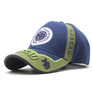 Detail of navy blue and olive green baseball cap with high-quality Nassau embroidery
