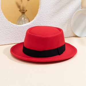British style red flat top wool felt fedora hat with elegant black ribbon band