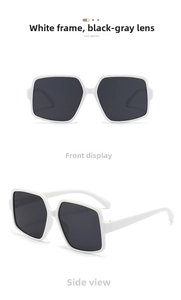 Front and side views of oversized white frame square sunglasses with dark grey lenses