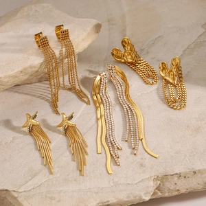 Elegant gold stainless steel tassel earrings with star and heart diamond accents