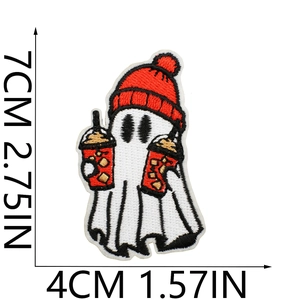 Detail showing cartoon ghost embroidery patch dimensions 7cm height by 4cm width