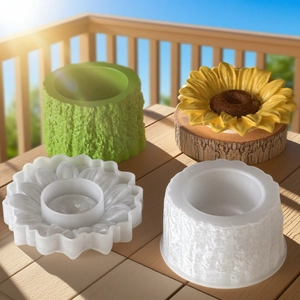 Detail of sunflower and wood grain resin silicone molds for DIY candle holders