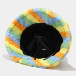 Colorful rainbow striped faux fur bucket hat with warm plush texture and adjustable strap